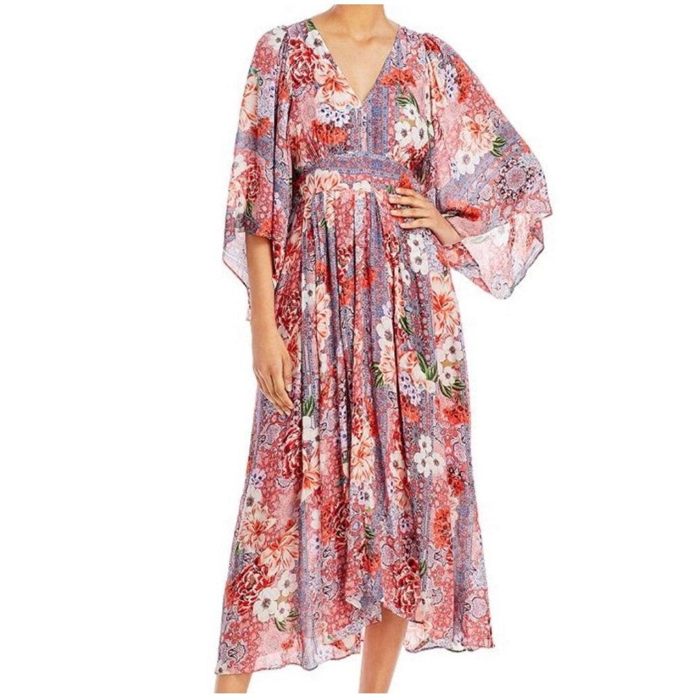 Jade Johnny Was Scarlet Floral Lightweight Midi Dress Kimono Sleeve Size S